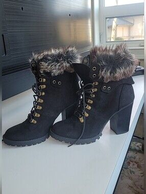 Fergalicious Black Lace-Up Heeled Ankle Boots with Faux Fur Cuff